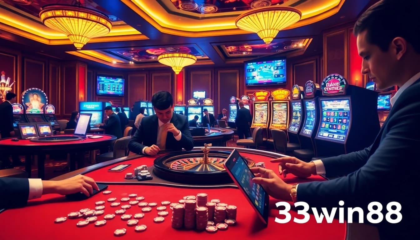 Players engaging in online gambling at 33win68 with vibrant casino visuals and winning strategies.