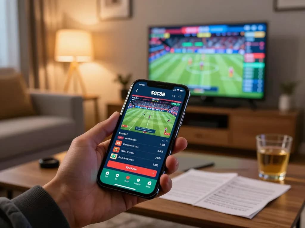 Experience the thrill of sports betting with soc88’s mobile app interface in a cozy home setting