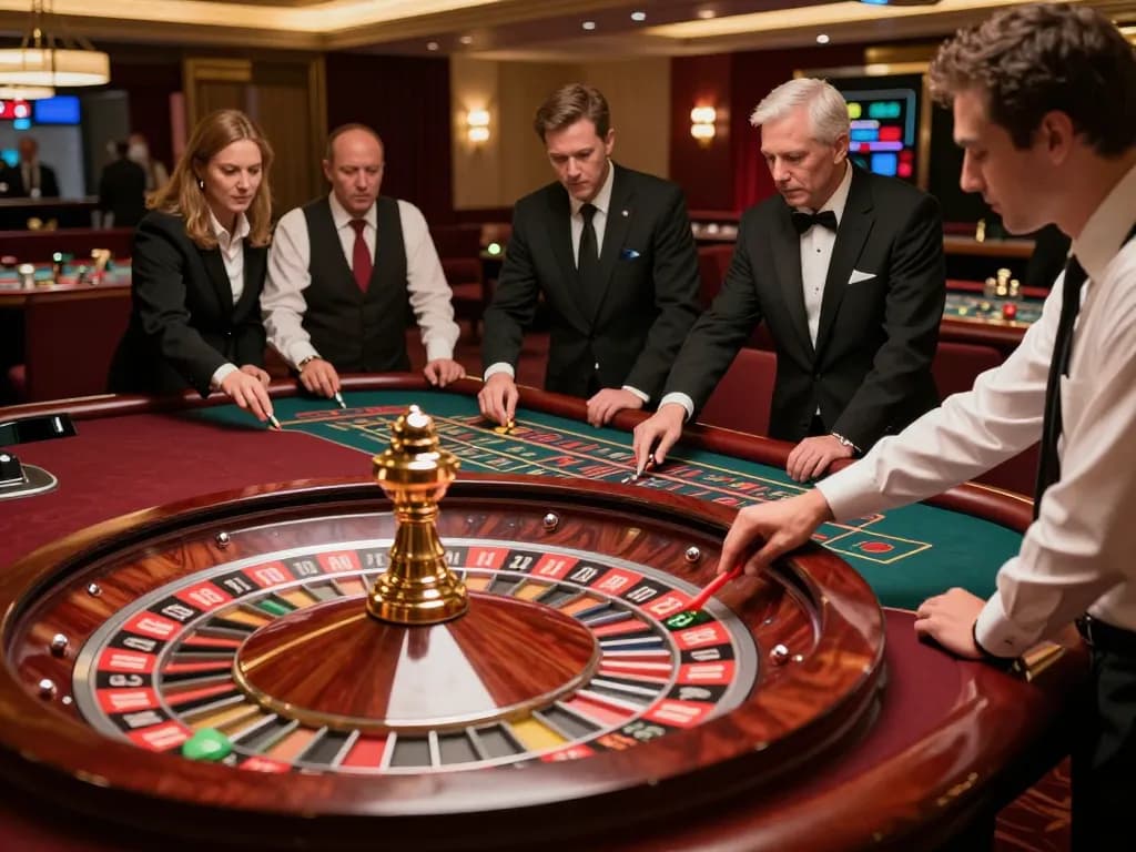 Capturing the excitement of players engaging with ty le keo nha cai at a roulette table in a luxurious casino atmosphere.