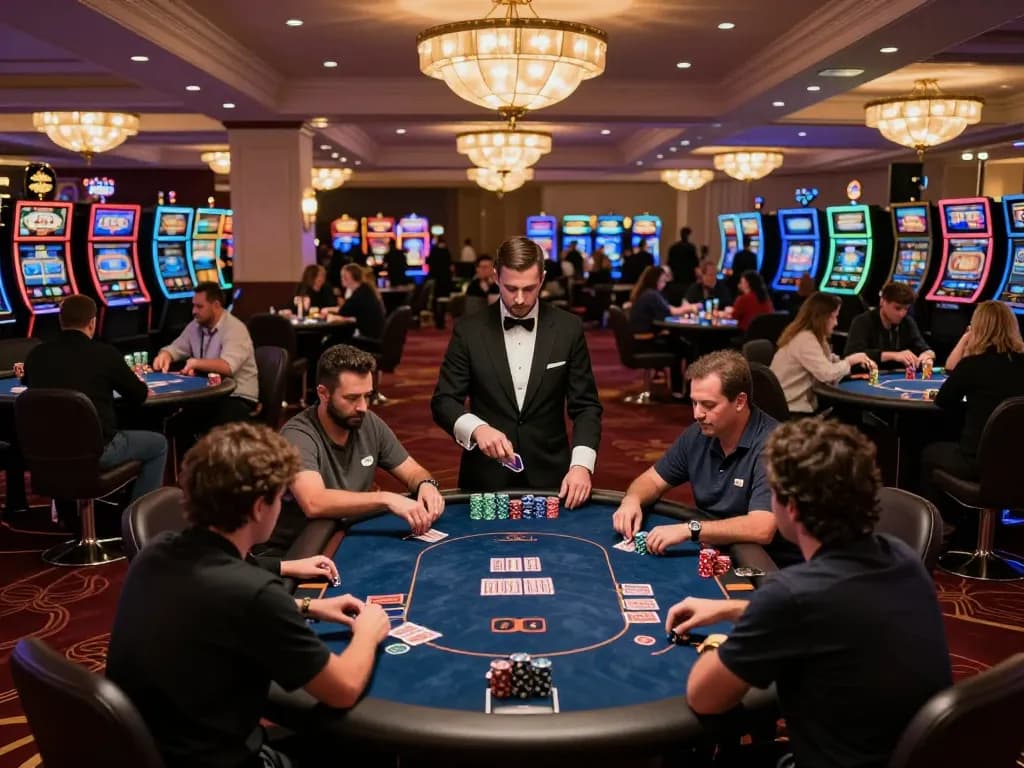 Players strategizing bets at hitclub poker table in upscale casino atmosphere