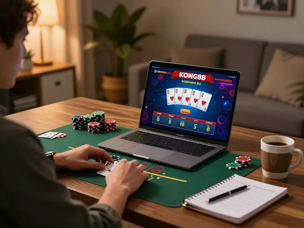 KONG88 player enjoying a live dealer Blackjack game on a cozy home setup with strategic notes.