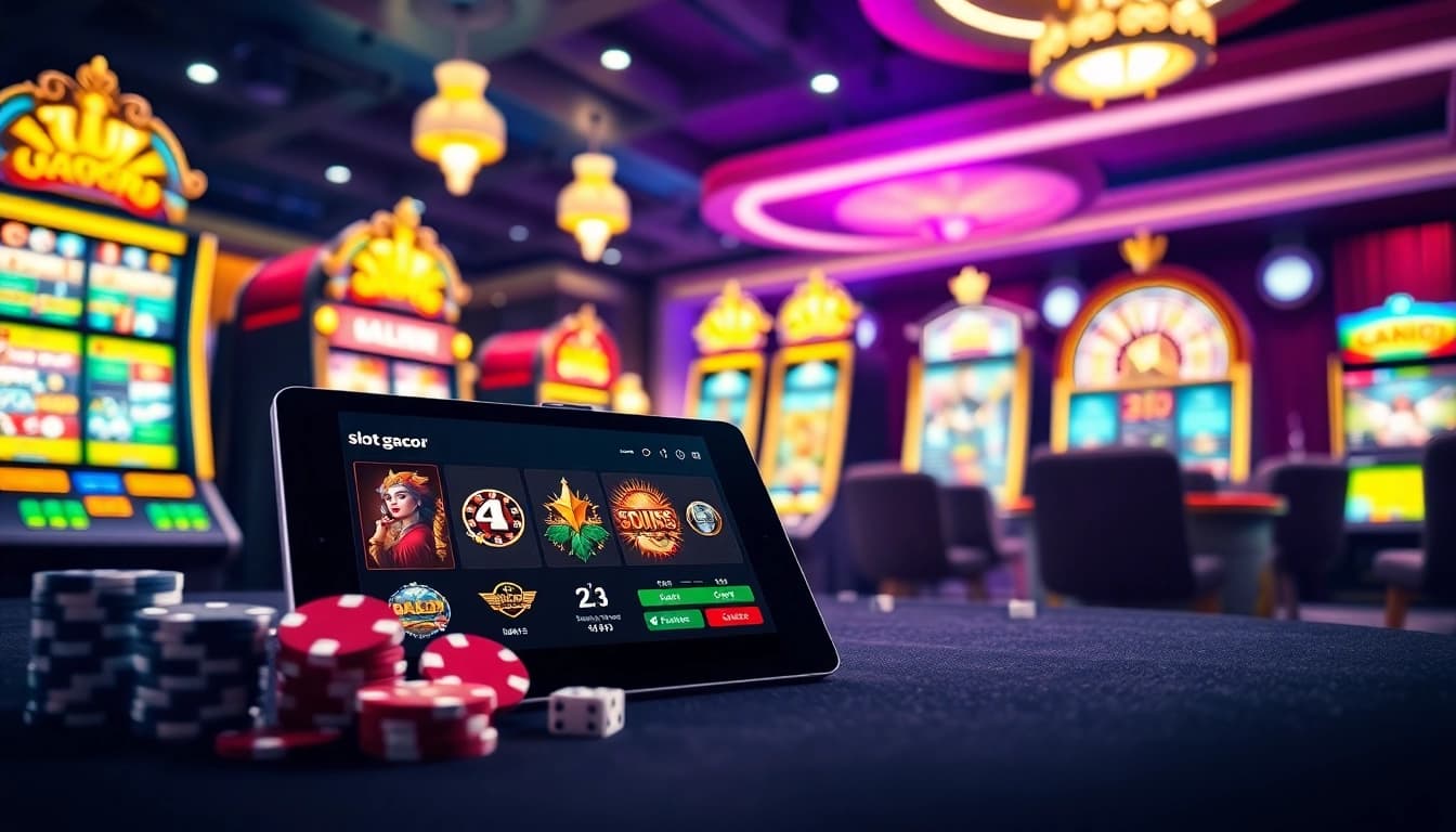 Main slot gacor di antarmuka permainan mewah dengan mesin slot yang cerah dan chip poker.