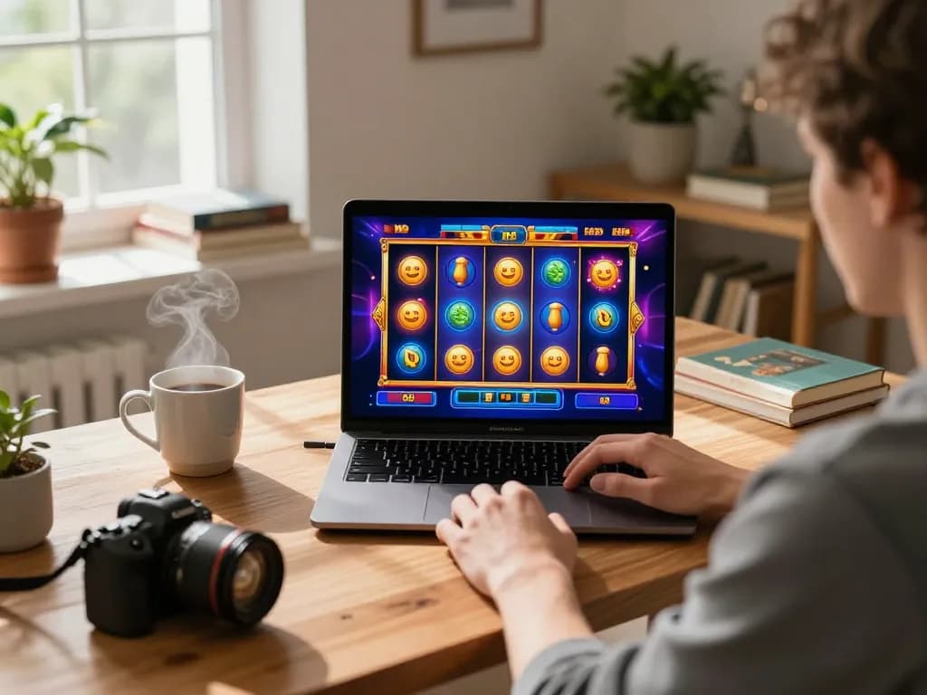 Engaging in slot online gaming on a laptop in a cozy home setting.