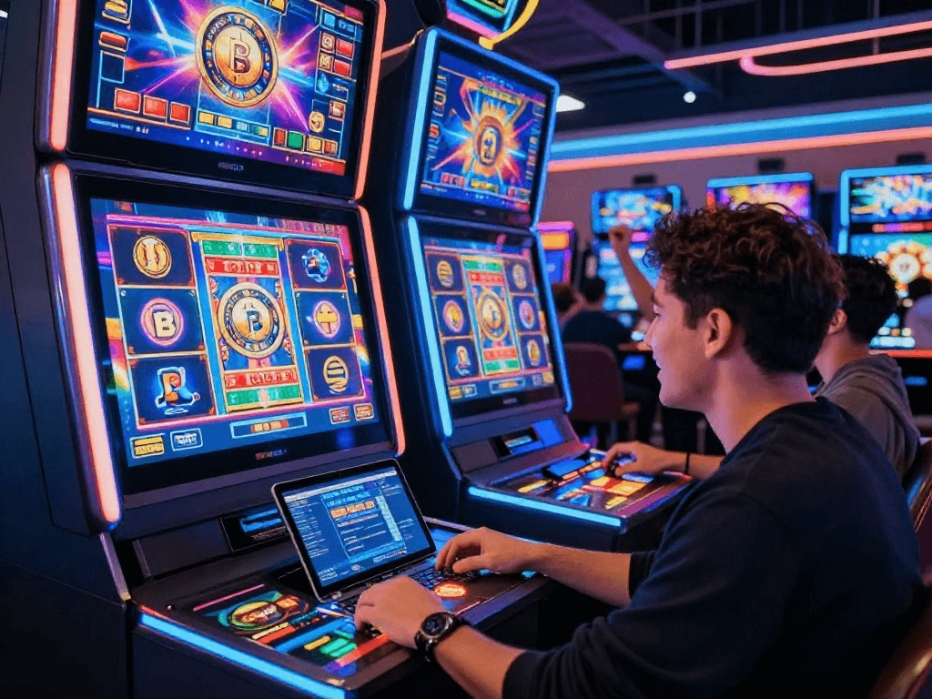 Engaged player at a vibrant crypto casino game station showcasing dynamic digital slot machines and cryptocurrency icons.