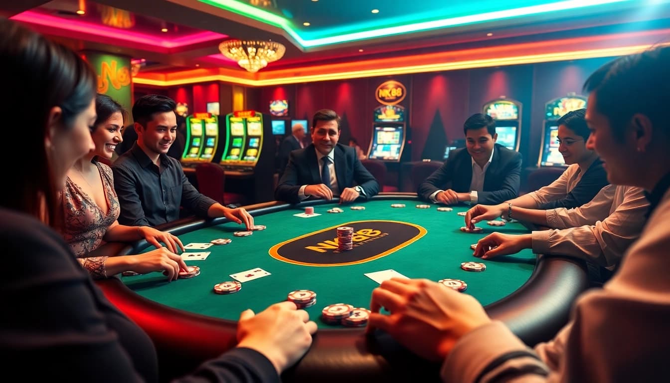 Exciting NK 88 poker scene with players enjoying high-stakes gambling at a vibrant table.