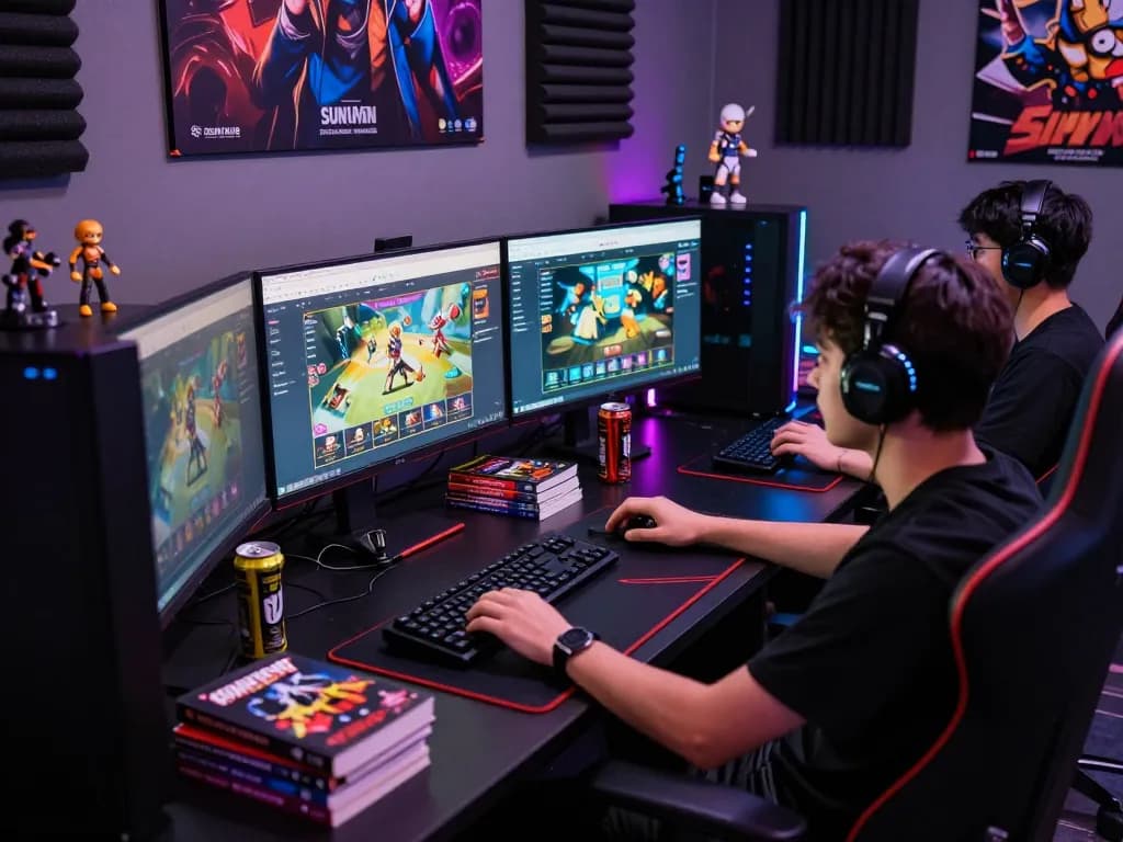 Engaged gamer exploring web sunwin platform on multiple monitors in a vibrant gaming room setup