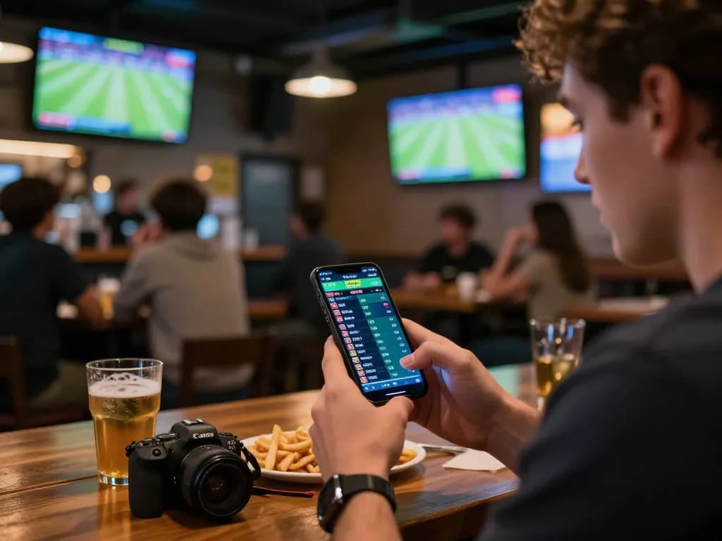 Pemburu taruhan yang terlibat menggunakan skor langsung SPBO di bar olahraga sambil menonton pertandingan di TV.