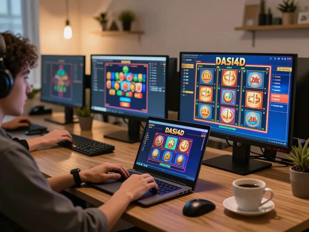 Gamer terlibat dalam permainan slot dasi4d di rumah, layar cerah menunjukkan ikon slot untuk pengalaman yang mendalam.