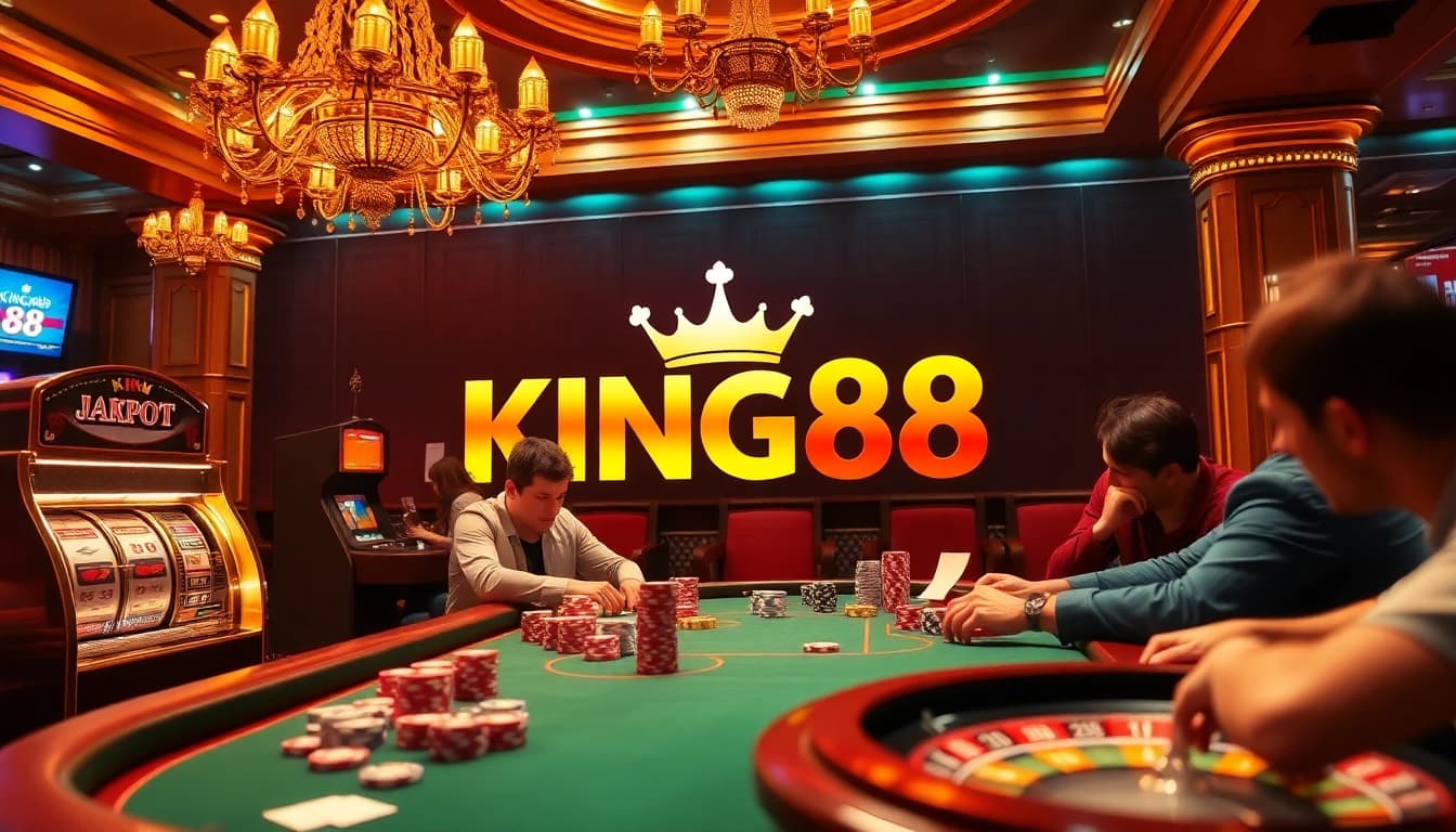 Exciting casino scene featuring King88 logo among players at a poker table and vibrant slot machines.