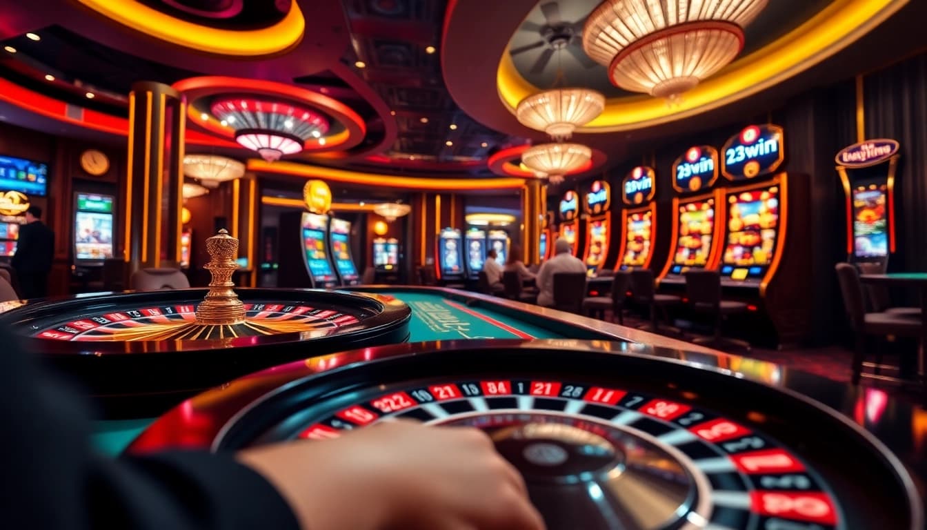 Engaging scene highlighting nhà cái 13win with roulette, poker tables, and vibrant slot machines.