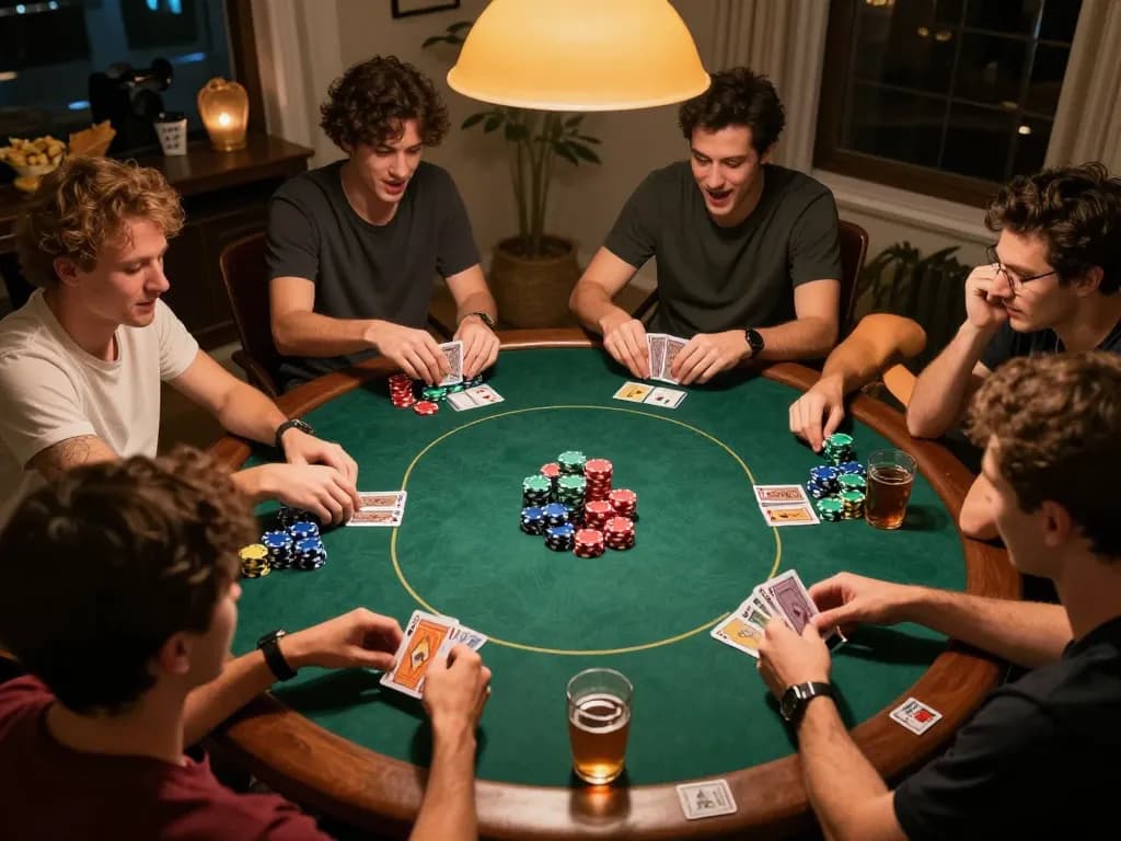 Sahabat yang bersaing dalam permainan poker yang menarik di rumah dengan strategi yang ditampilkan saat mereka bermain jus77.