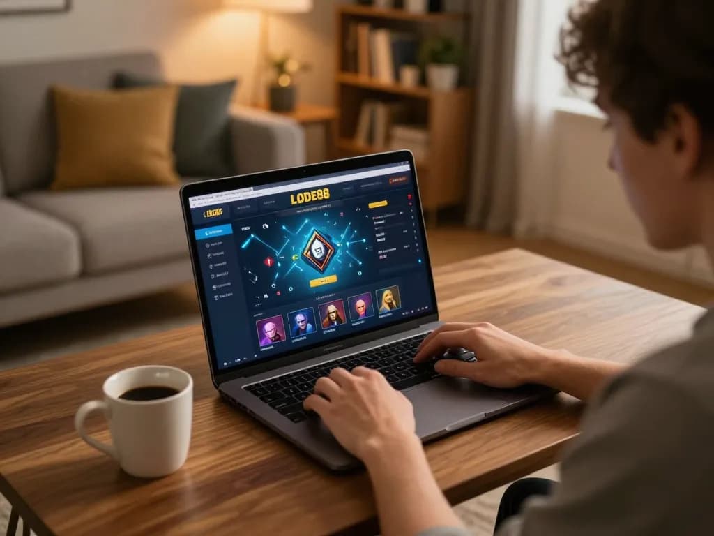 Engaged player using LODE88 online casino on laptop, cozy home gaming setup, strategic atmosphere