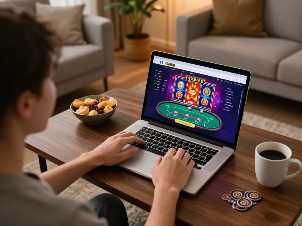 Engaged player using 789bet online casino interface on laptop in cozy home setting
