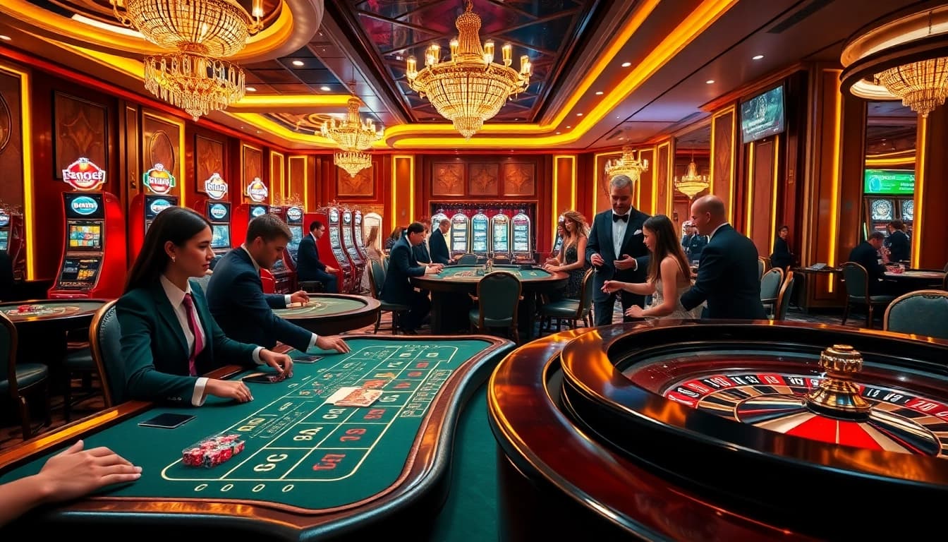 Players engaging in intense casino games at 555win1.it.com, showcasing poker tables and slot machines.