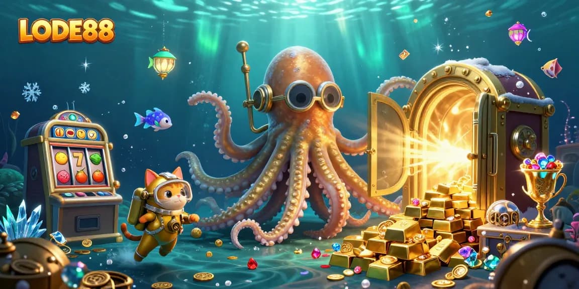 Experience the excitement of LODE88 with an illustrated scene of a kraken and diving cat amidst gold treasures.