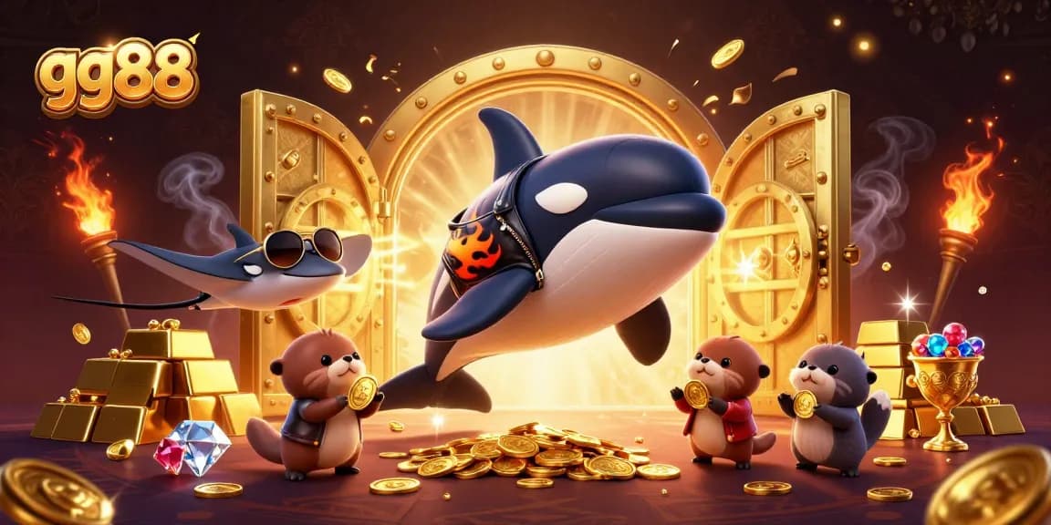 Experience thrilling jackpots with gg88, featuring vibrant characters and gold treasures in a dynamic casino scene.