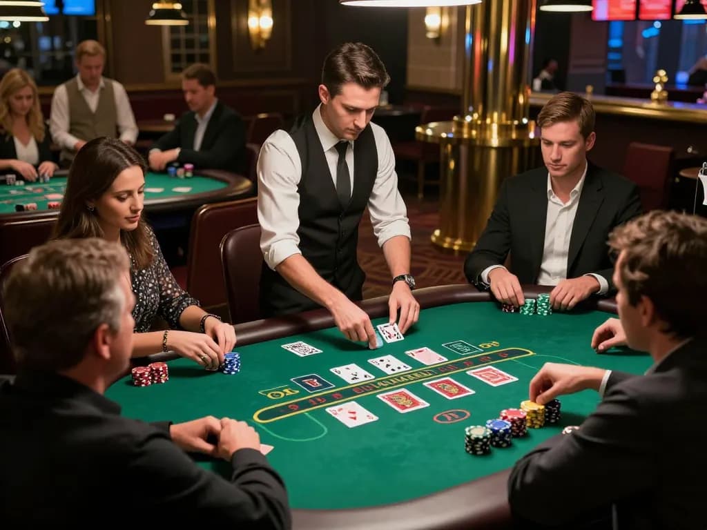 Engaged players making pragmatic decisions at a vibrant blackjack table in a trendy casino.