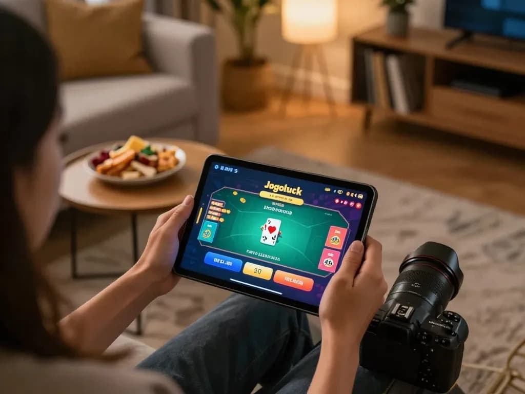 Engaged player enjoying poker on Jogoluck tablet in cozy home setup