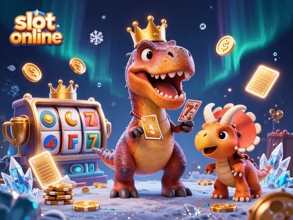 Experience exciting gameplay with slot online as a friendly T-Rex shuffles cards while a pterodactyl helps.