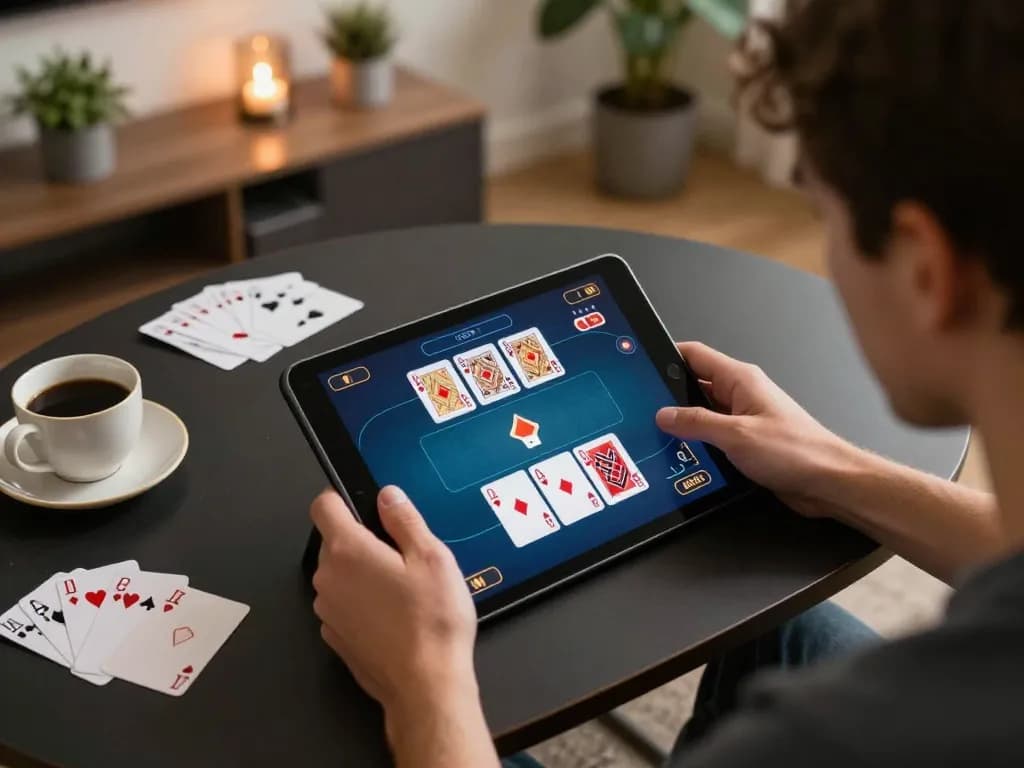 Player enjoying online poker game on O8 platform, showcasing a winning hand with notes and coffee nearby.