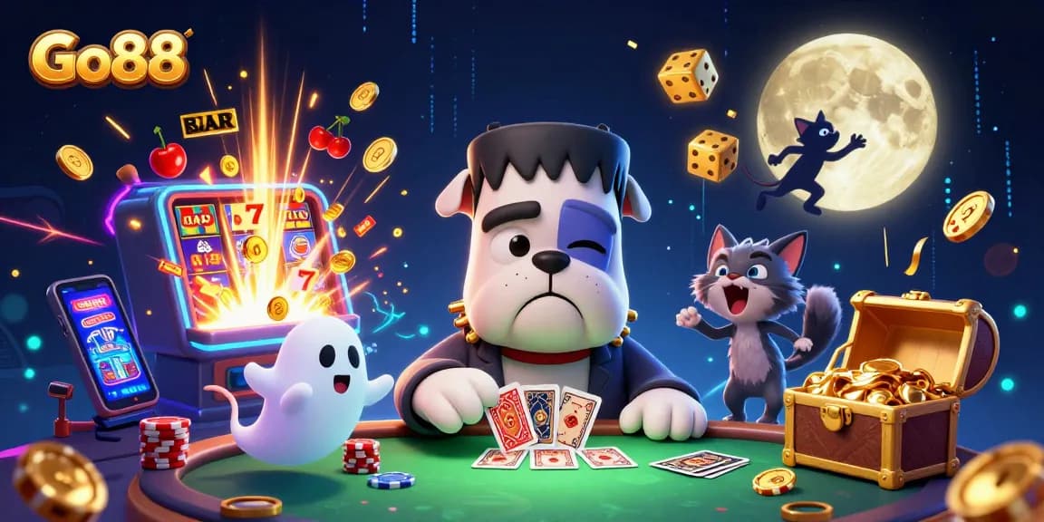 Play exciting games at Go88 with a spooky bulldog dealer and enchanting casino elements.