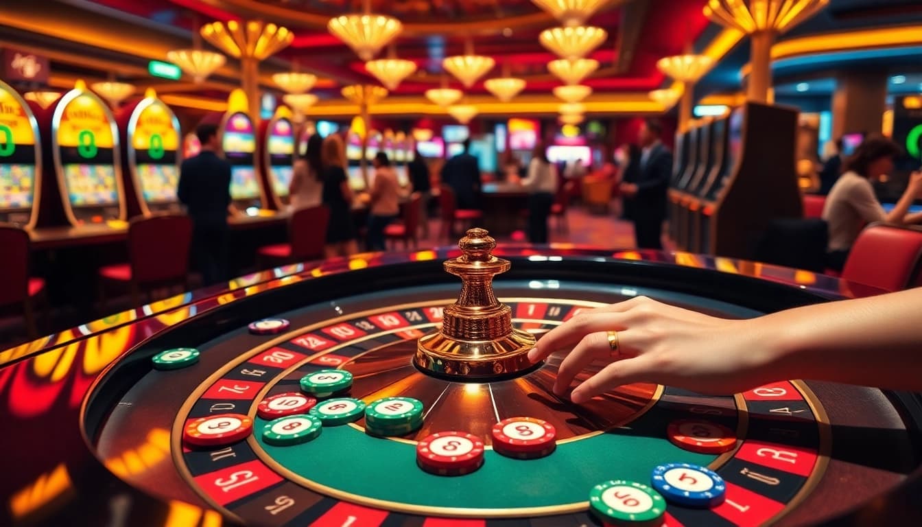 Excited players engaging in high-stakes fun at the MM OO casino with vibrant roulette and slot machines.