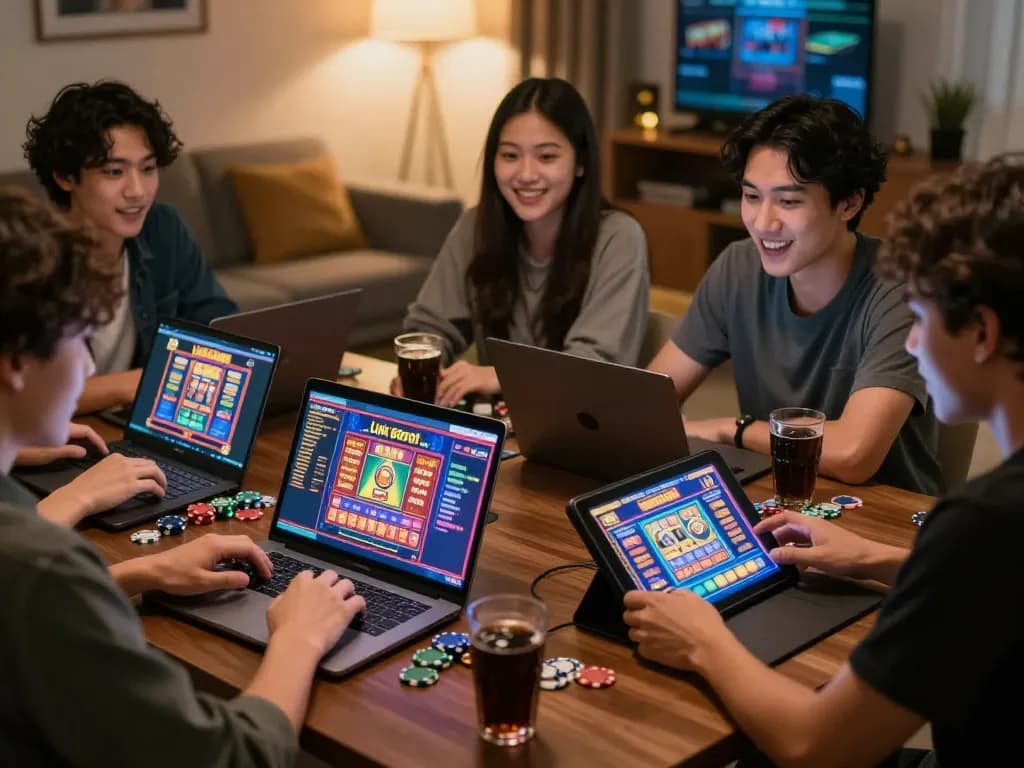 A group of friends discussing link gacor in a cozy gaming setting with laptops and slot game graphics.