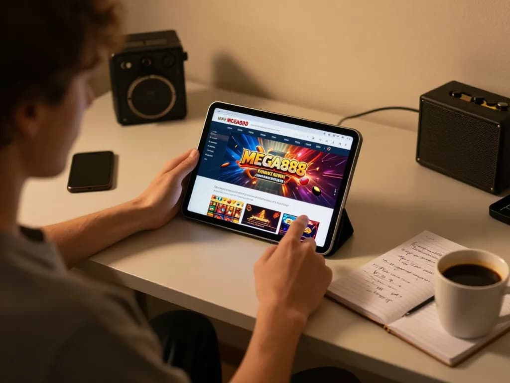 Play the MEGA888 casino app on a tablet in a cozy home environment.