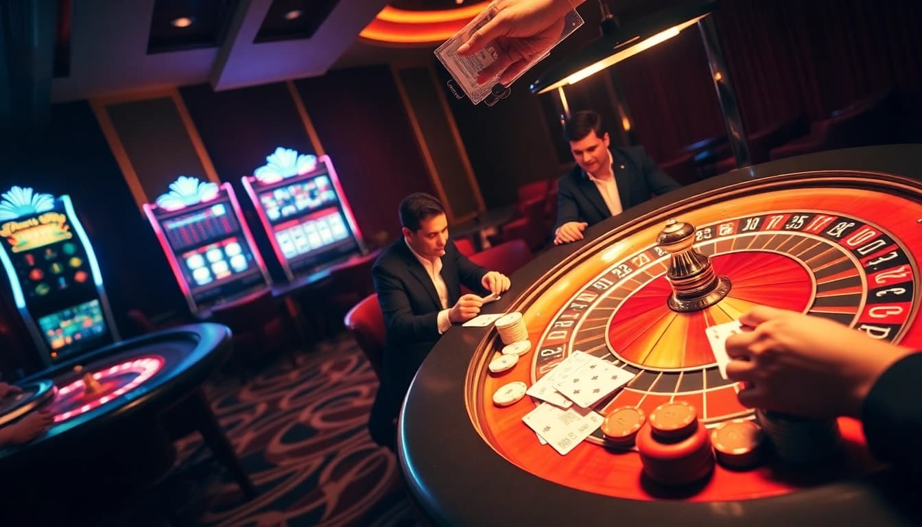 Experience the excitement of E2 Bet in a luxurious casino setting with roulette and poker gameplay.