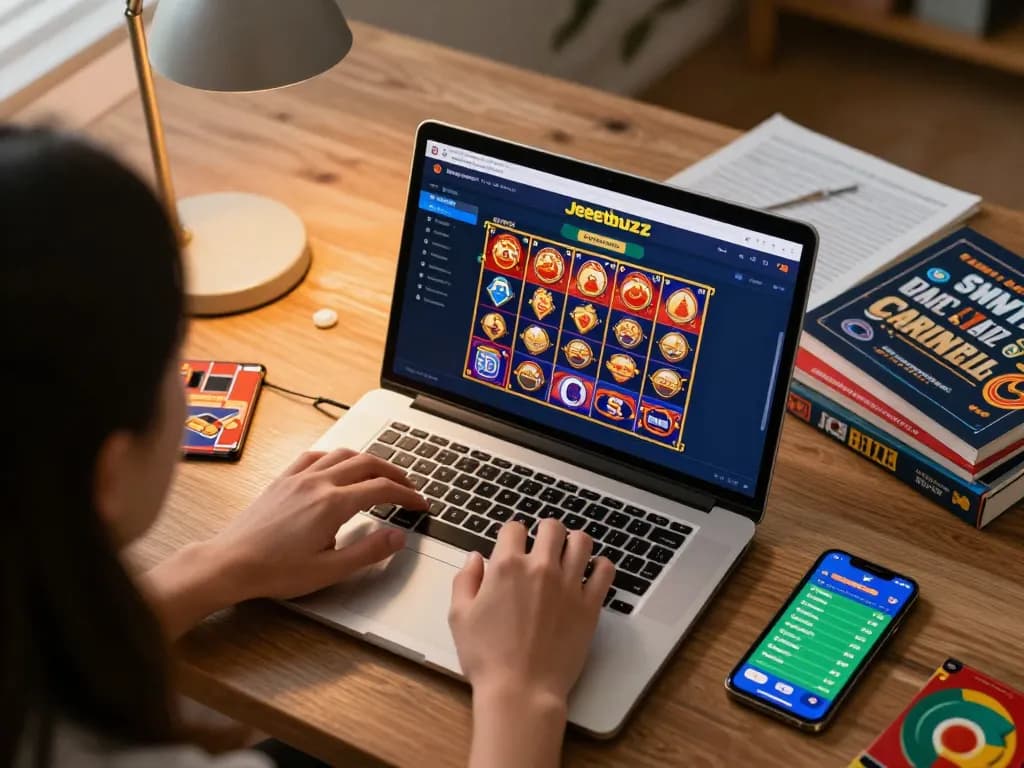 Engaged player using the Jeetbuzz App on a laptop for exciting online casino gaming.