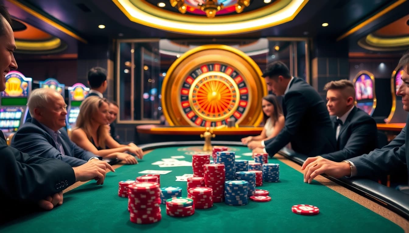 Excited players engaged at a poker table in a luxurious casino, showcasing their luck8 experience.