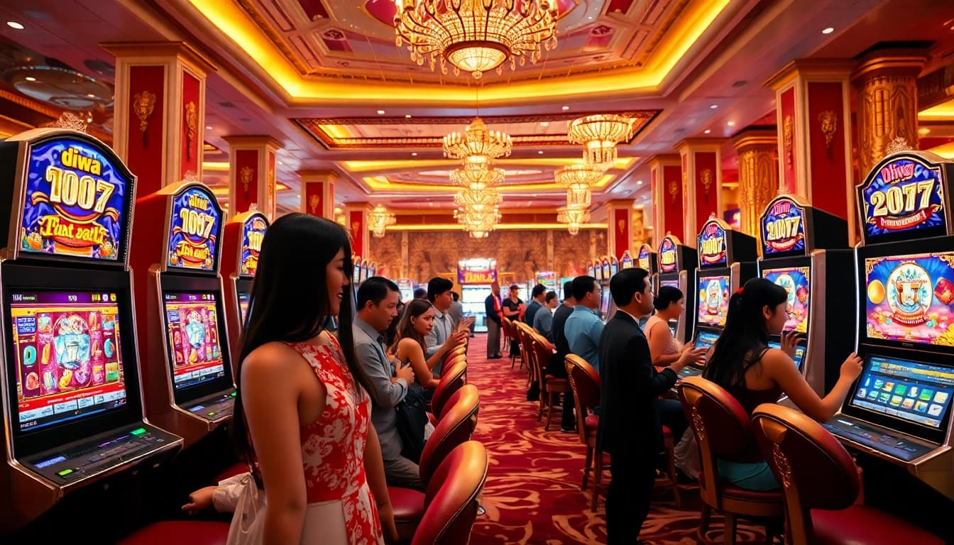 Experience the thrill of Diwa 777 at an elegant casino with lively players and vibrant machines.