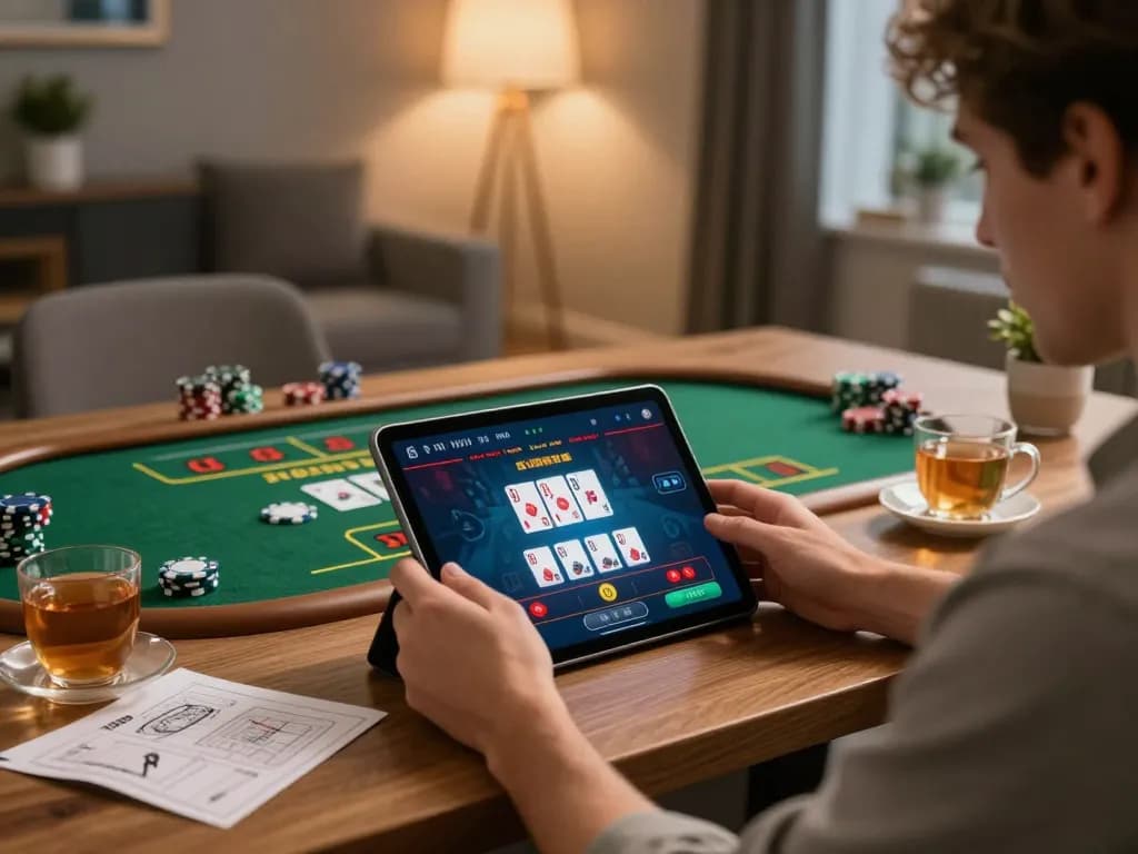Player immersed in JUN88 app, engaging with live dealer game in cozy home setting
