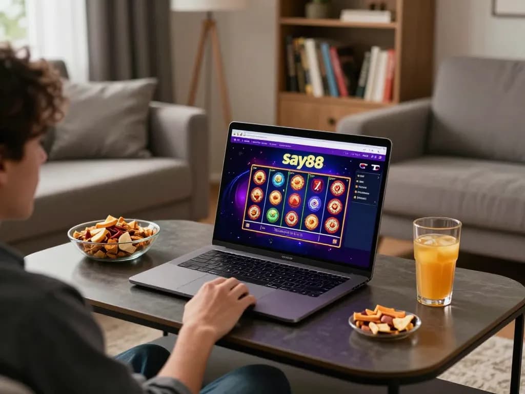 Experience exciting gameplay on say88 with a colorful online slots interface in a cozy setting.