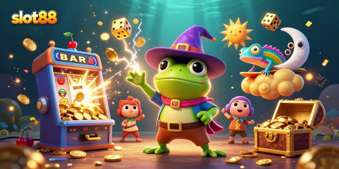 Menangkan slot88 dengan karakter lucu dan mesin slot yang memancarkan koin emas.
