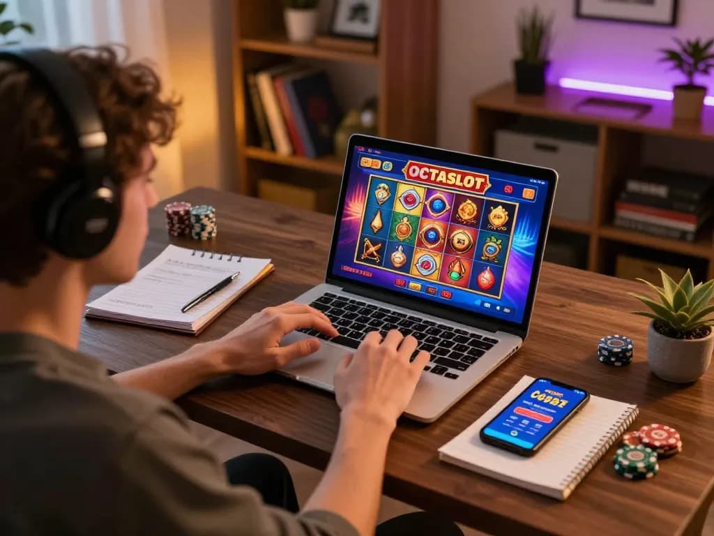Engaging in a thrilling OCTASLOT game at home with laptop and betting notes.