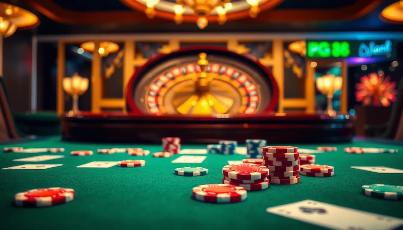 Experience the thrill of pg88 with a vibrant casino scene featuring poker chips and cards.