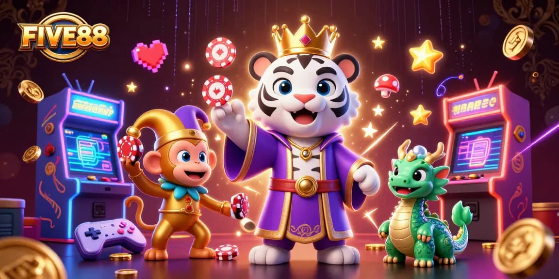 Experience FIVE88's excitement with a royal tiger and jester monkey in a lively casino scene.