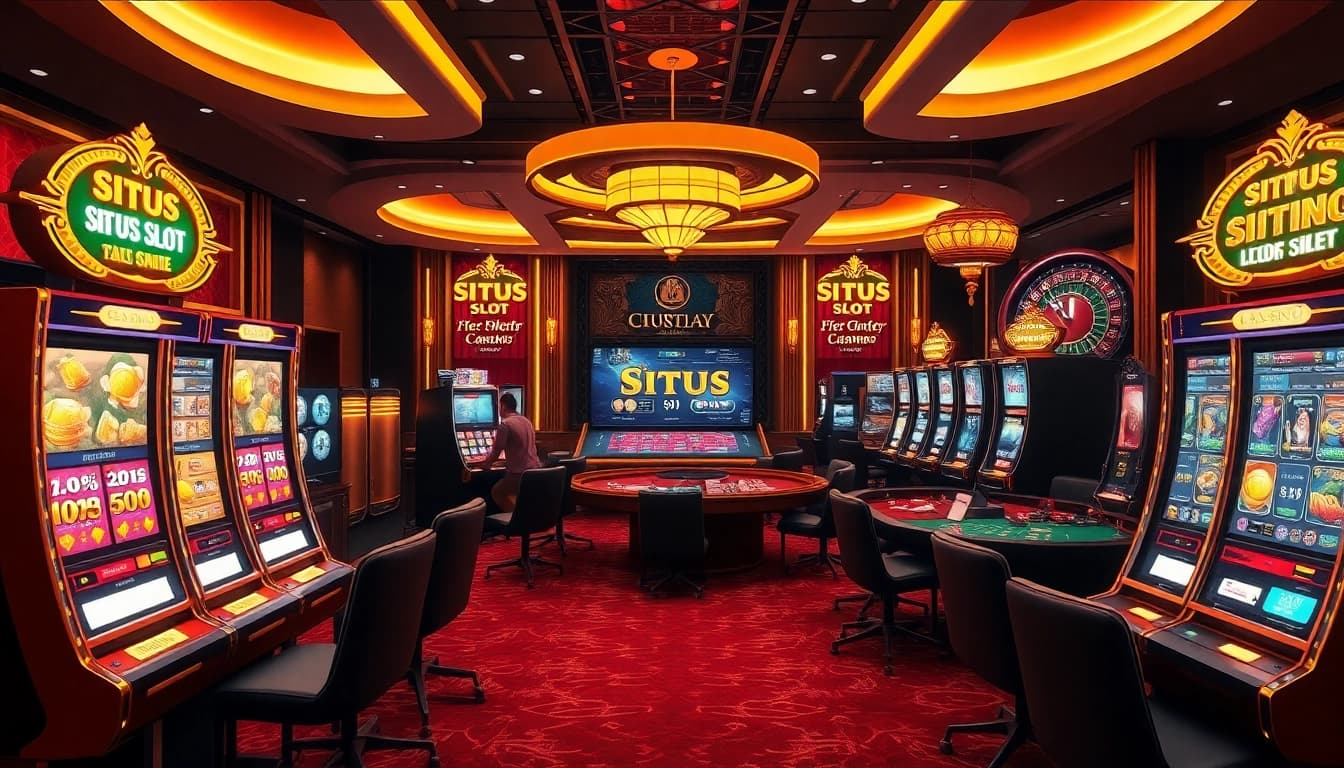 Situs Slot gaming interface with luxurious slot machines and dynamic players in a vibrant casino scene.