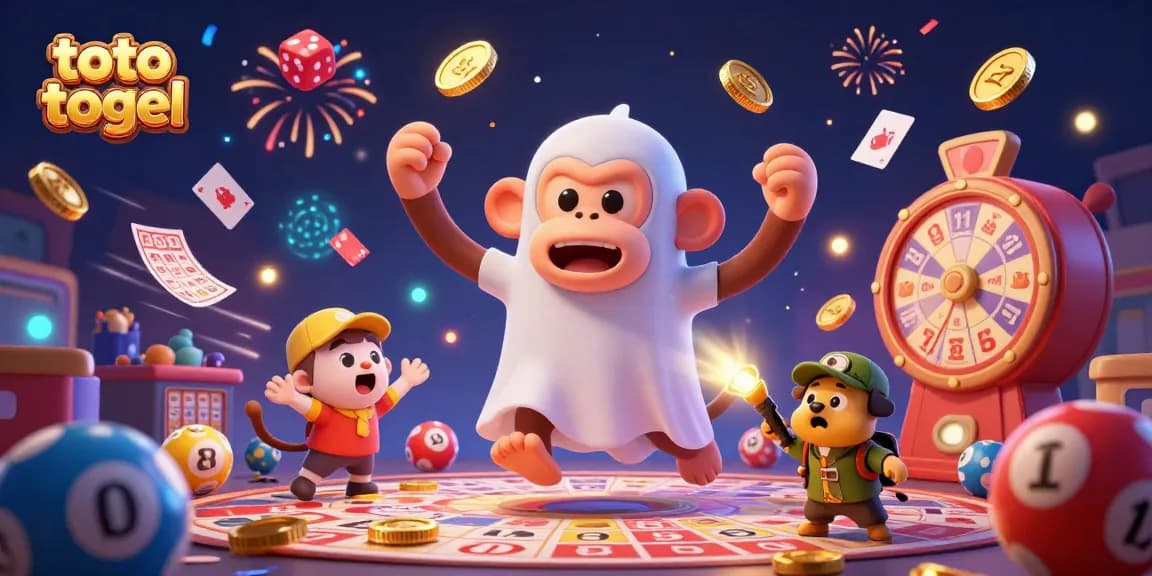 Toto togel interactive bingo scene with a mischievous monkey juggling golden lottery objects, captivating players.