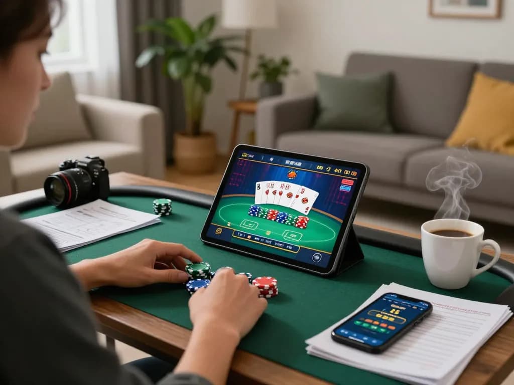 Gambling on online casinos that accept credit cards, focusing on tablet poker gameplay in a cozy home setting.