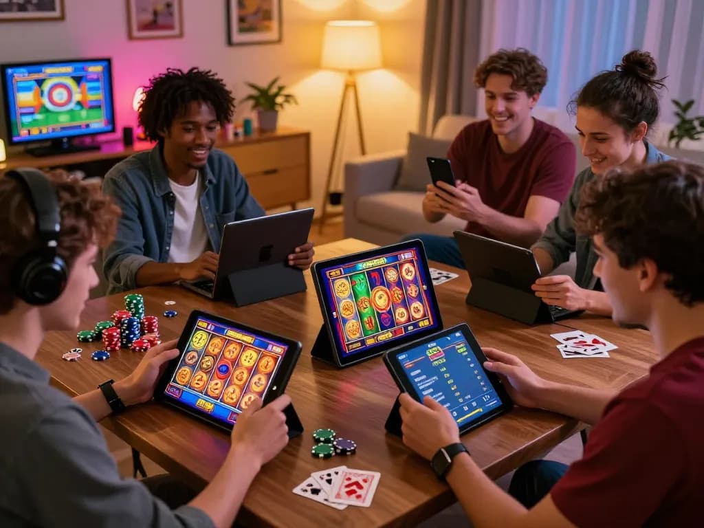 Players enjoying Zeus138 online slots in a cozy home setting, showcasing vibrant gameplay.