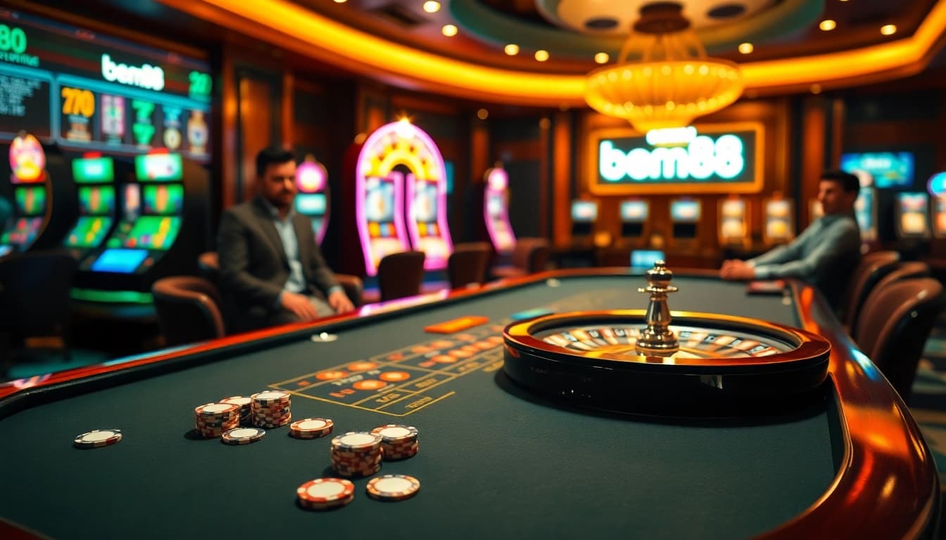 Experience the thrill of bem88 with vibrant casino gaming, featuring lively tables and digital interfaces.