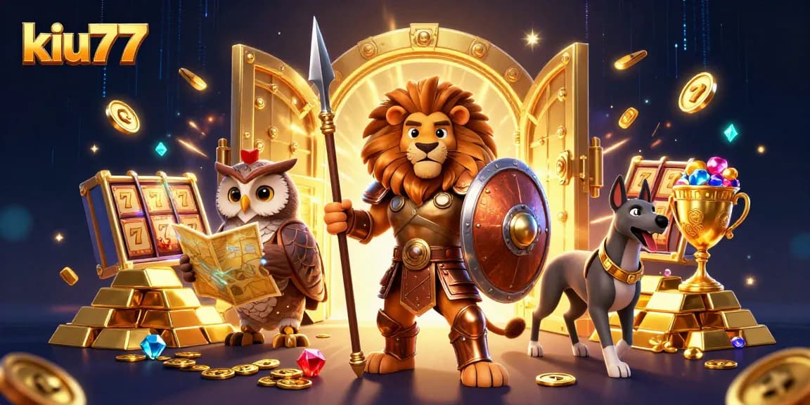 Spin the reels for riches at kiu77 with epic heroes and treasures in an engaging casino scene.