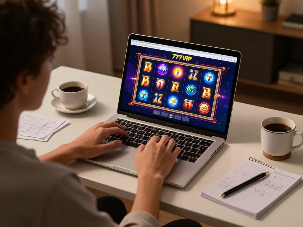 A person enjoying the 777VIP gaming experience on a laptop with cozy home ambiance and strategic notes.
