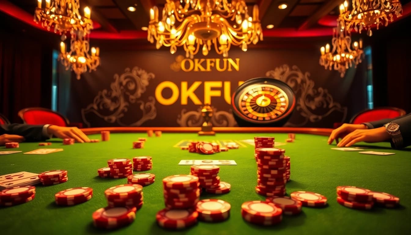 Experience the thrill of high-stakes gambling at OKFUN's luxurious poker table, complete with vibrant chips and cards.