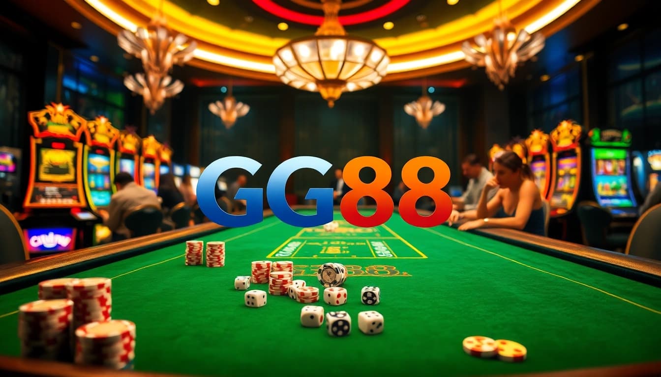A lively casino scene featuring GG88 logo on a gaming table with poker chips and slot machines.