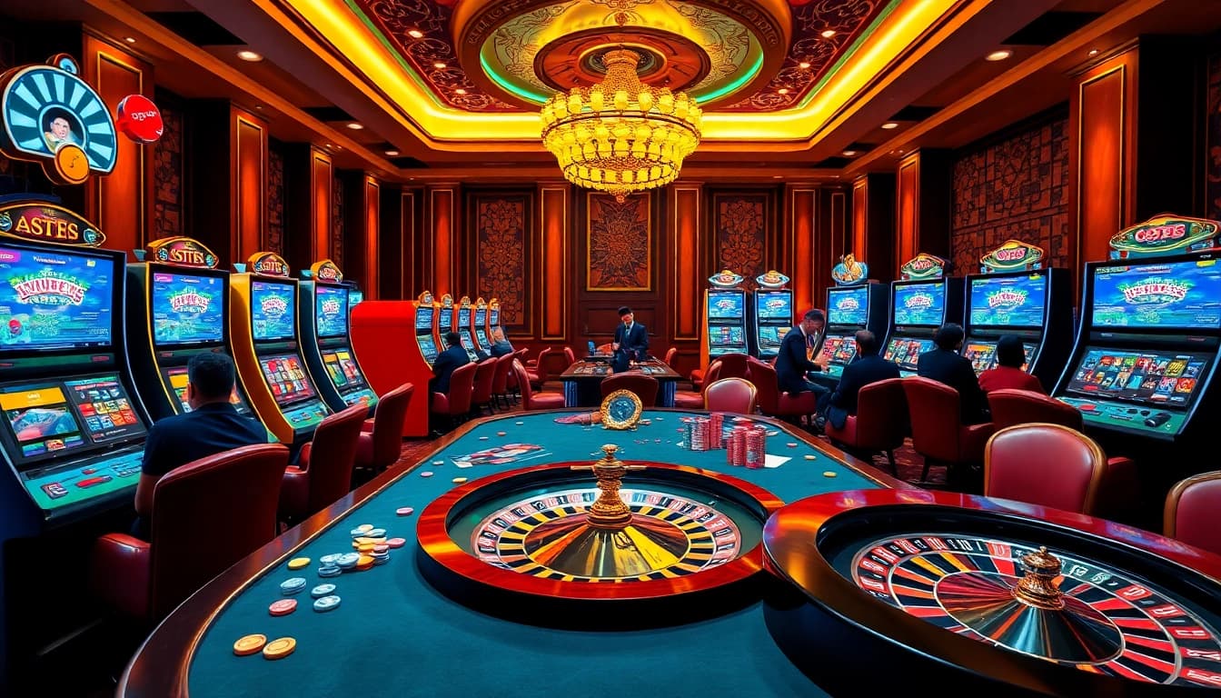 Exciting players engaging with slot888 on vibrant casino tables adorned with colorful chips and high-tech machines.