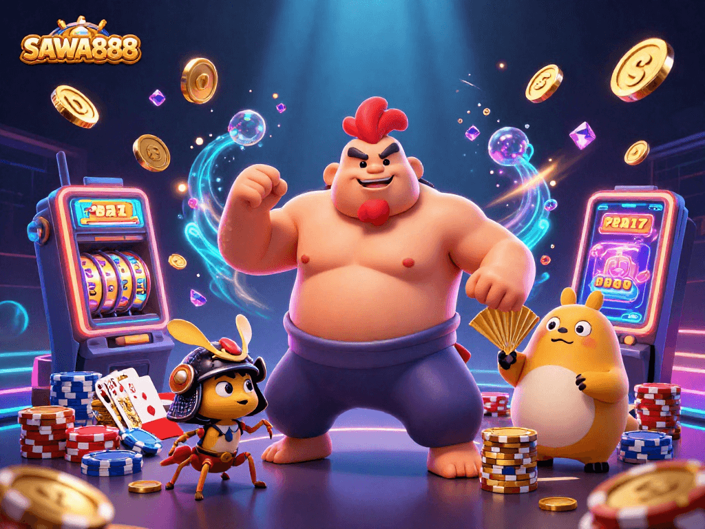 Engage with SAWA888's exciting slots scene featuring characters and dazzling casino elements.