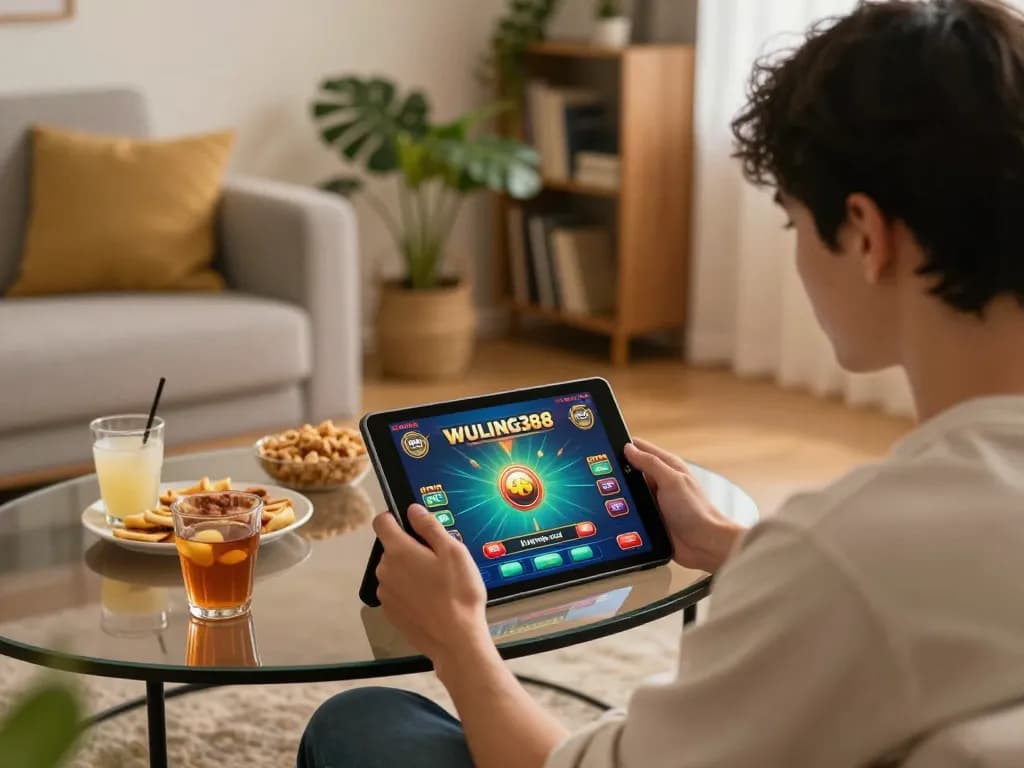 Scene menarik seorang pemain menjelajahi permainan WULING388 di tablet, dikelilingi camilan.